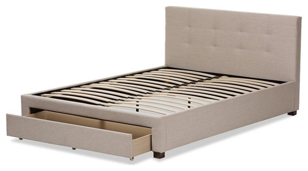 Brandy Light Beige Fabric Upholstered Queen Size Storage Platform Bed