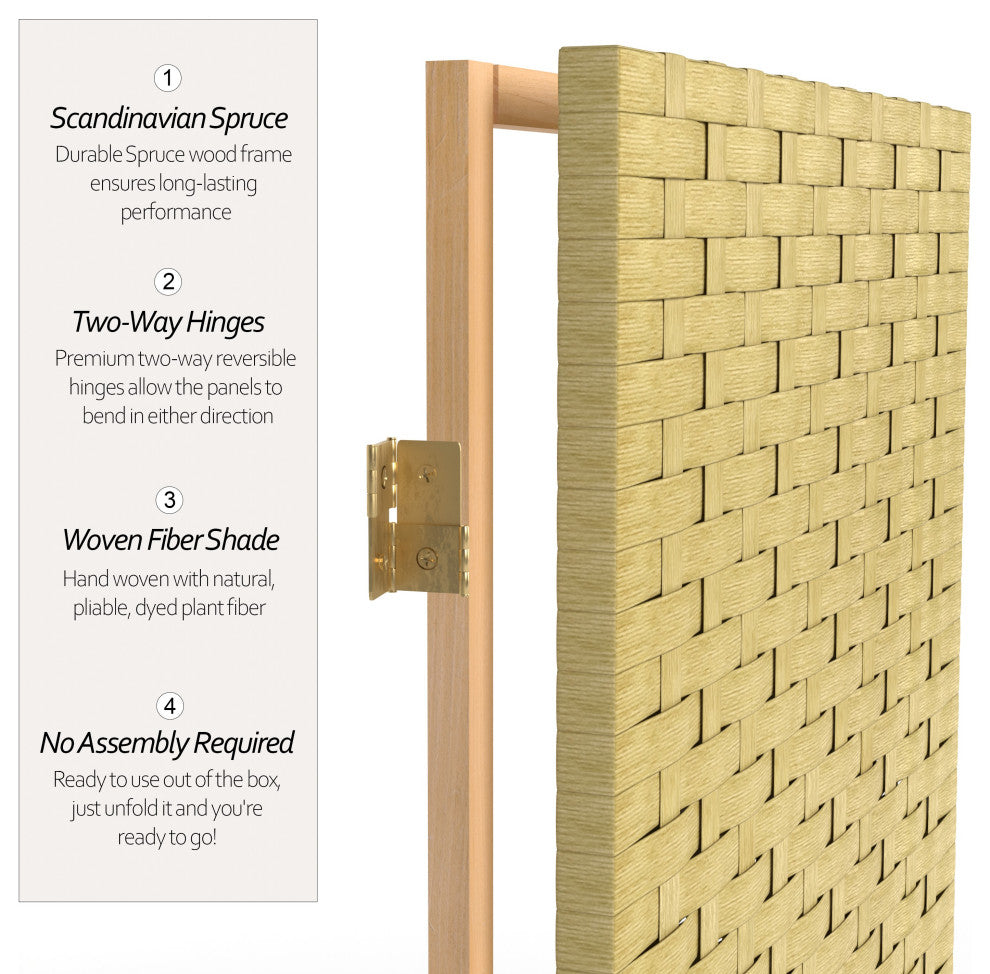 4'' Tall Woven Fiber Room Divider, Dark Beige, 4 Panel