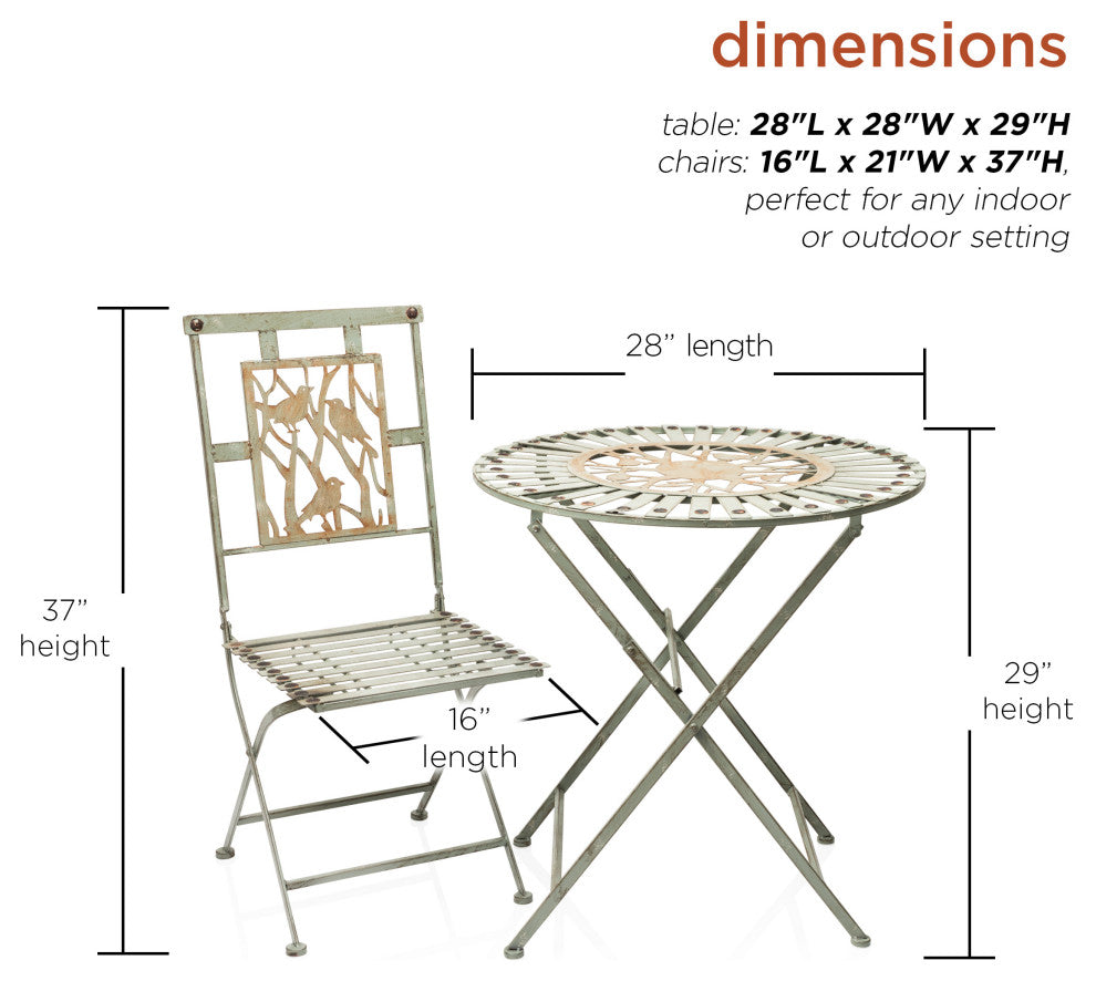 Bird Design 3-Piece Bistro Set Folding Table and Chairs Patio Seating