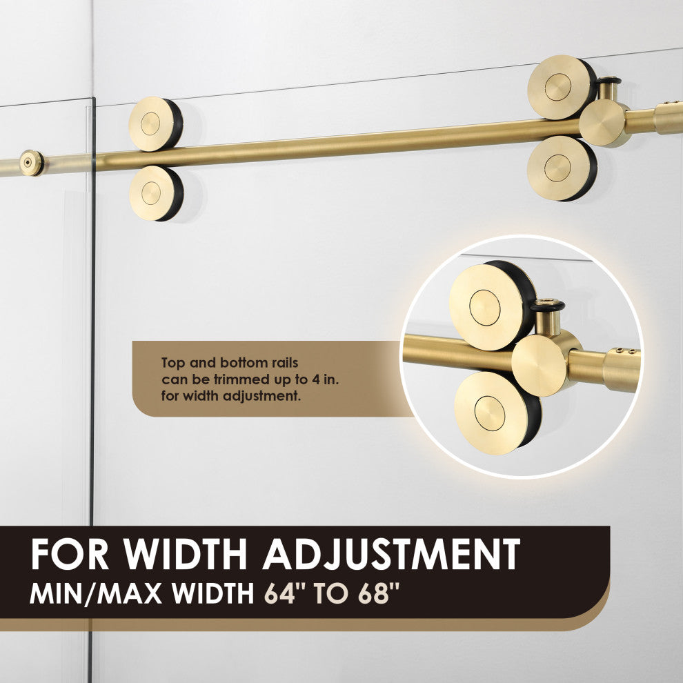 Lazaro Single Sliding Frameless Shower Door, Clear, Brushed Gold, 68"wx78"h