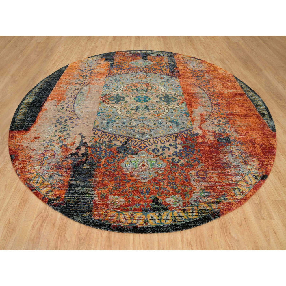 Orange Ancient Ottoman Erased Design Wool Hand Knotted Round Rug 12'1"x12'1"