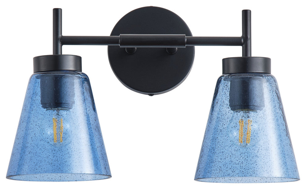 Modern Black 2-Light Wall Light with Blue Seeded Glass Shade