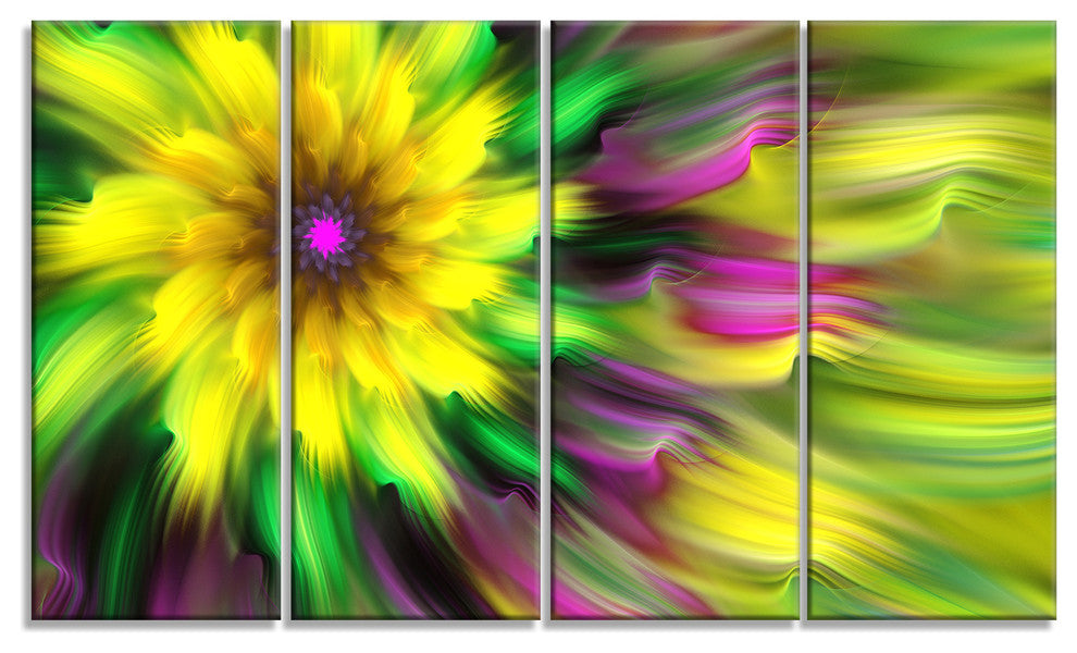 Dance of Yellow Exotic Flower, Floral Canvas Art Print, 48"x28", 4 Panels