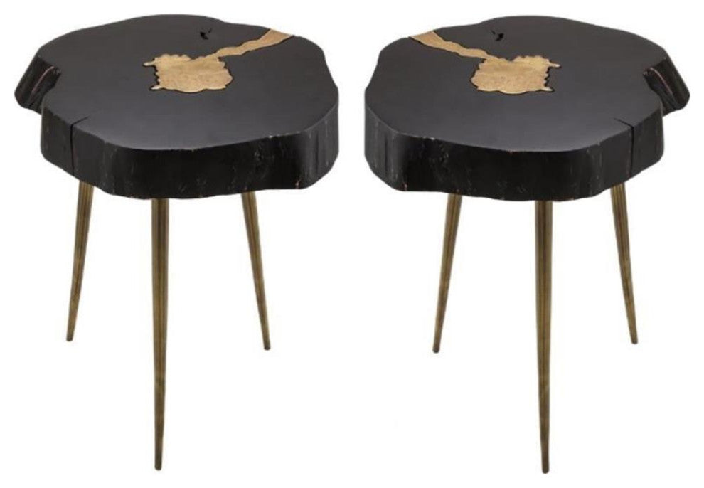Home Square Timber 18"H Aluminum & Acacia Side Table in Black & Brass - Set of 2