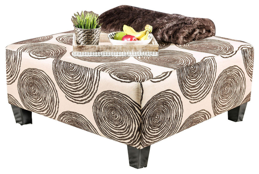 Fabric And Wooden Ottoman with Square Design, Brown