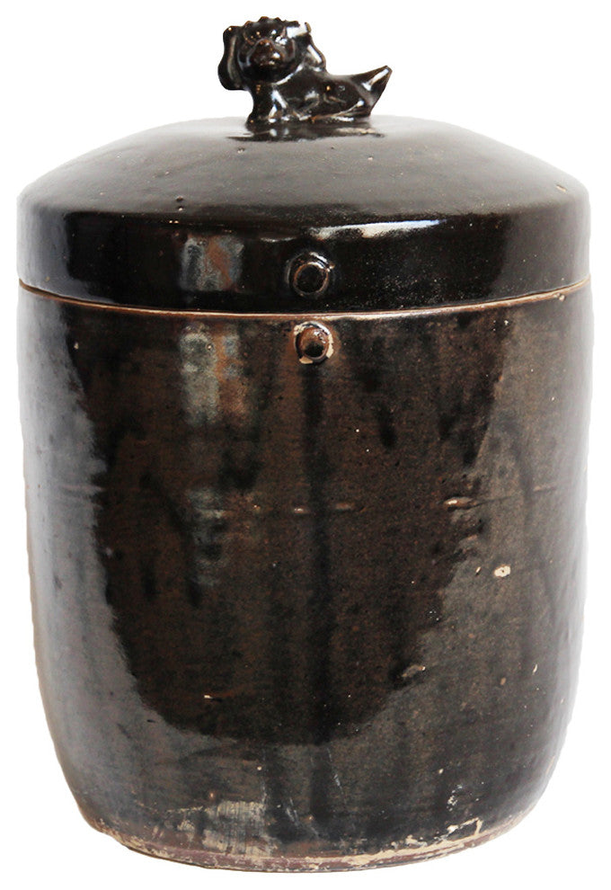 Black Ceramic Jar w/Foo Dog Lid