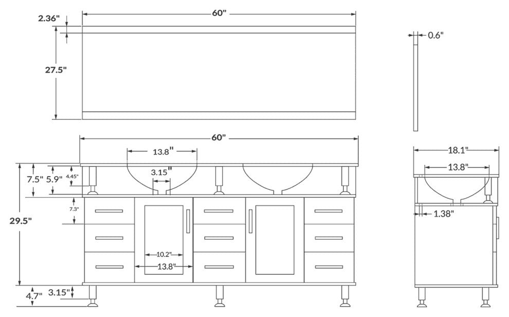 LessCare Vanity Cabinet LV1-60B With Double Sink Glass Top and Mirror