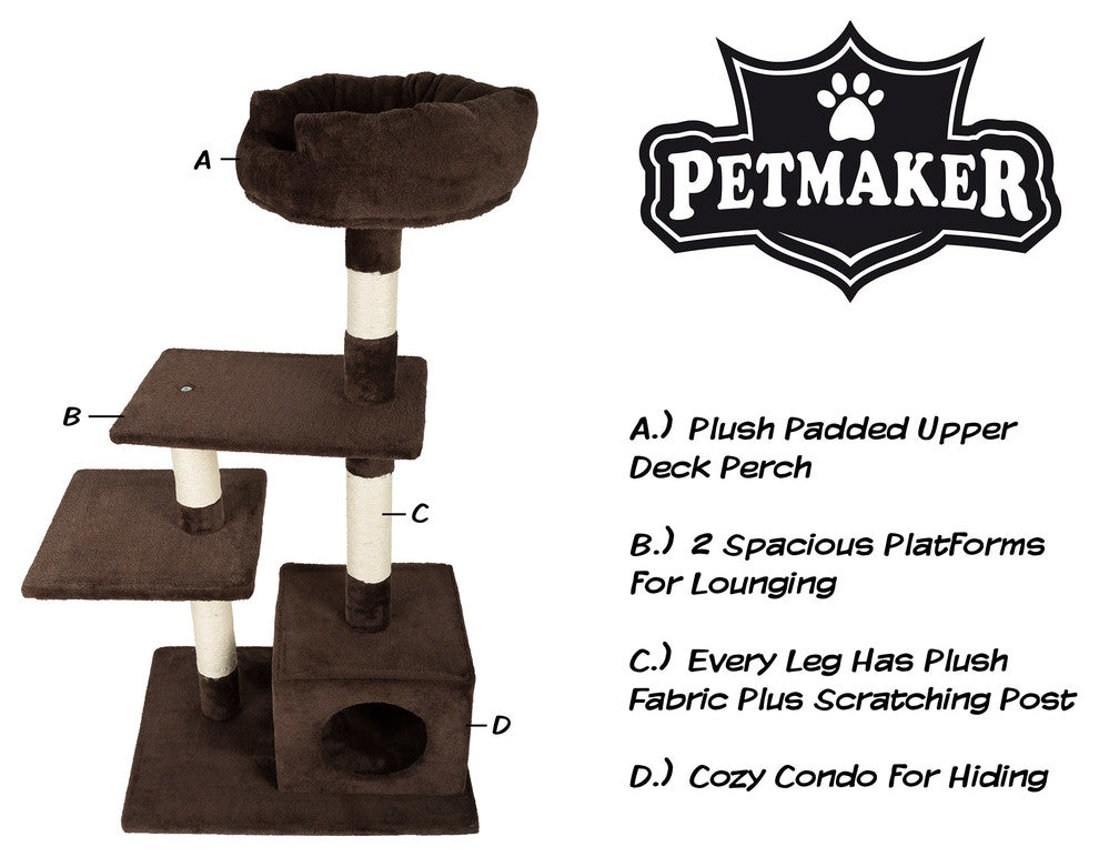 4-Tier Cat Tree 43" Brown White Scratching Posts, Perch Platforms, and Cat Condo