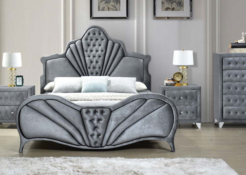 Manchester York Style Headboard Platform Bed, Gray Velvet, King