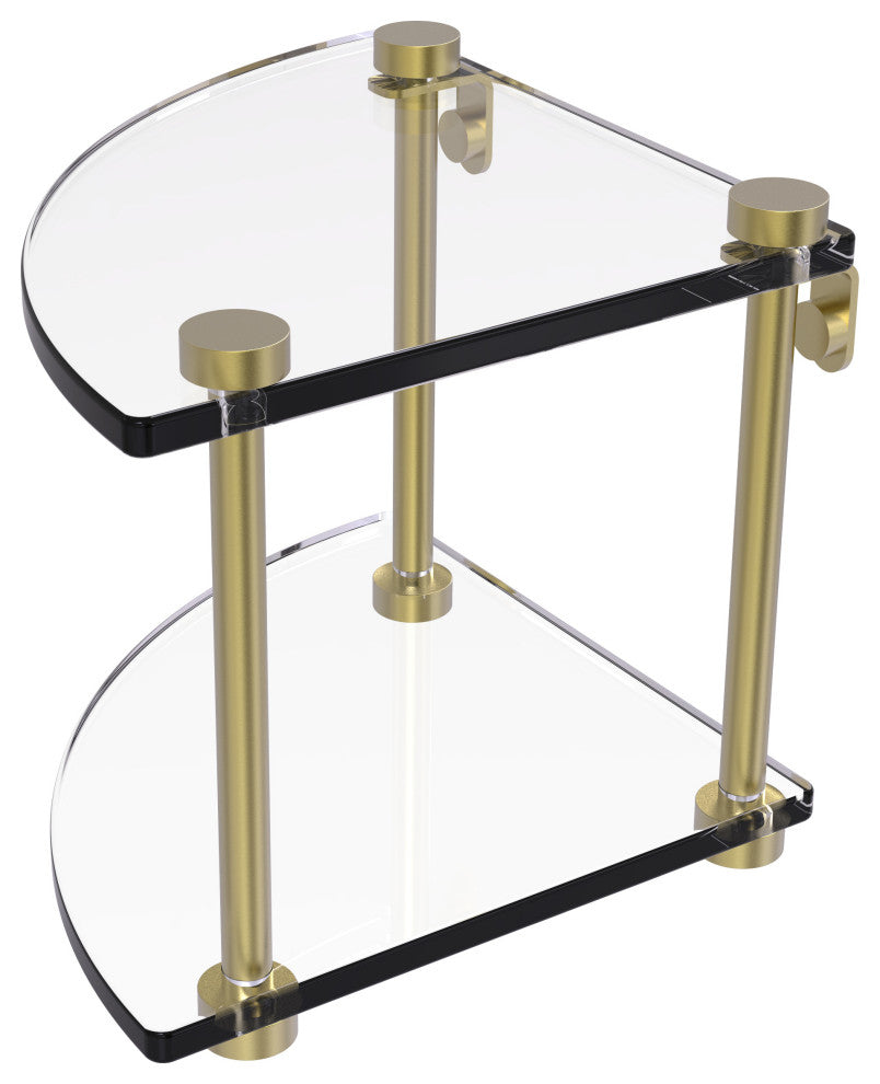 Two Tier Corner Glass Shelf, Satin Brass
