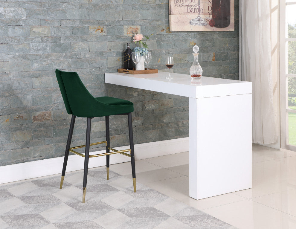 Sleek Velvet Upholstered Bar Stools With Matte Black Metal Legs, Set of 2, Green