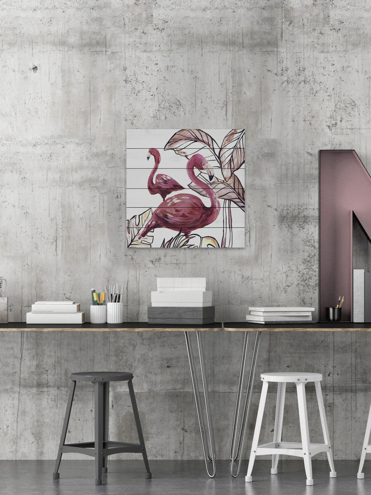 "Pink Flamingo II" Painting Print on White Wood, 24"x24"