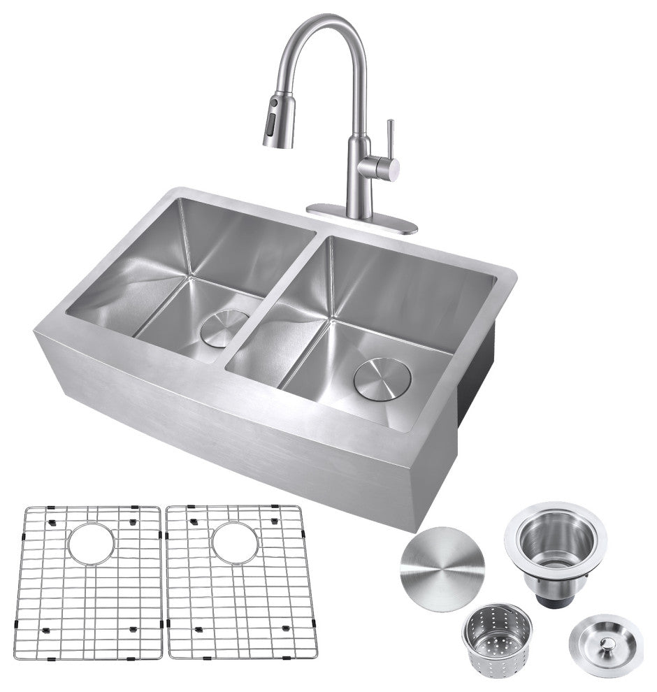 33" Farmhouse Double Bowl Kitchen Sink and Faucet, Drain and Strainer