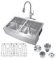 33" Farmhouse Double Bowl Kitchen Sink and Faucet, Drain and Strainer