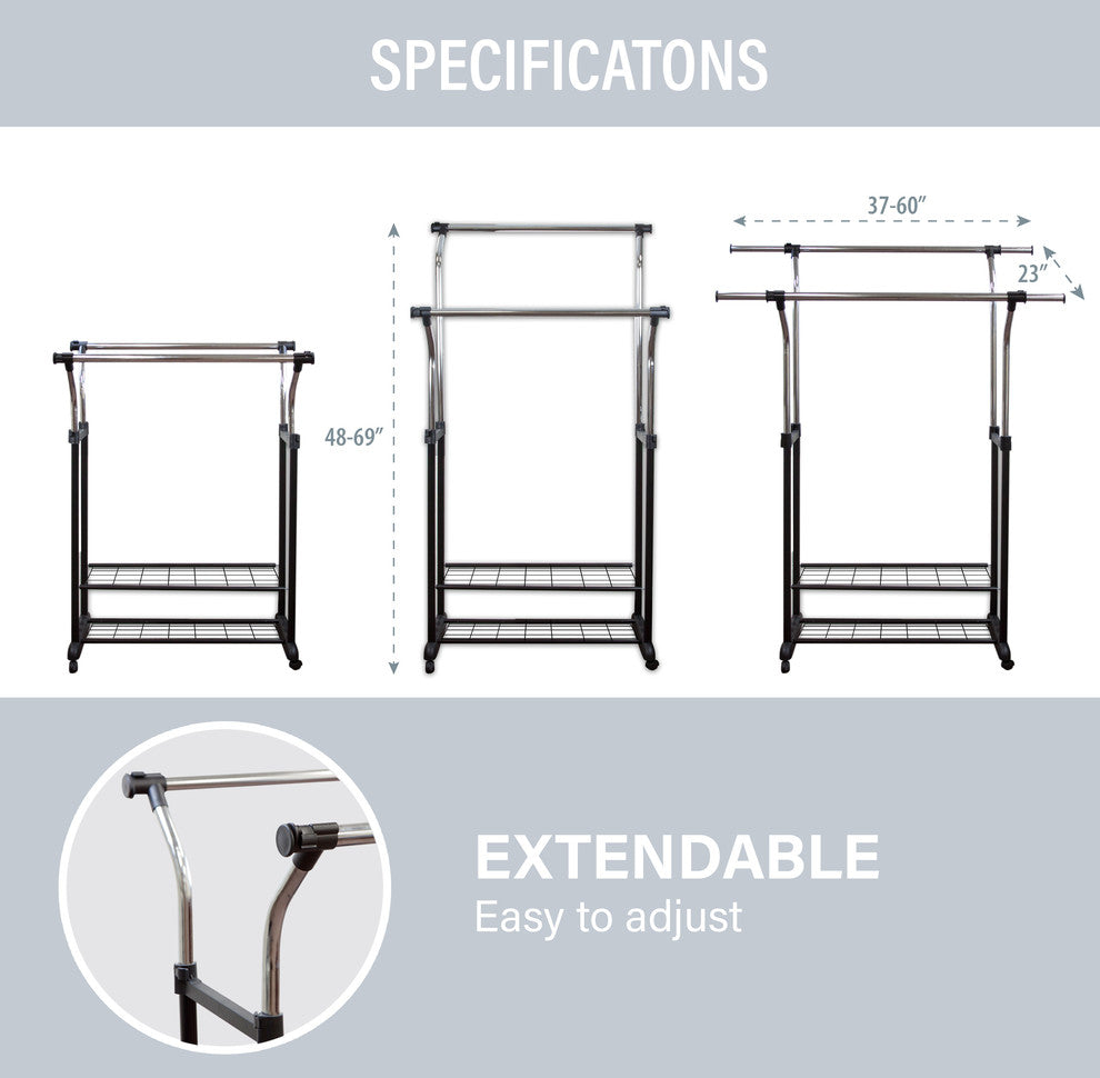 Mobile Double Rail Clothes Rack With Utility Shelves