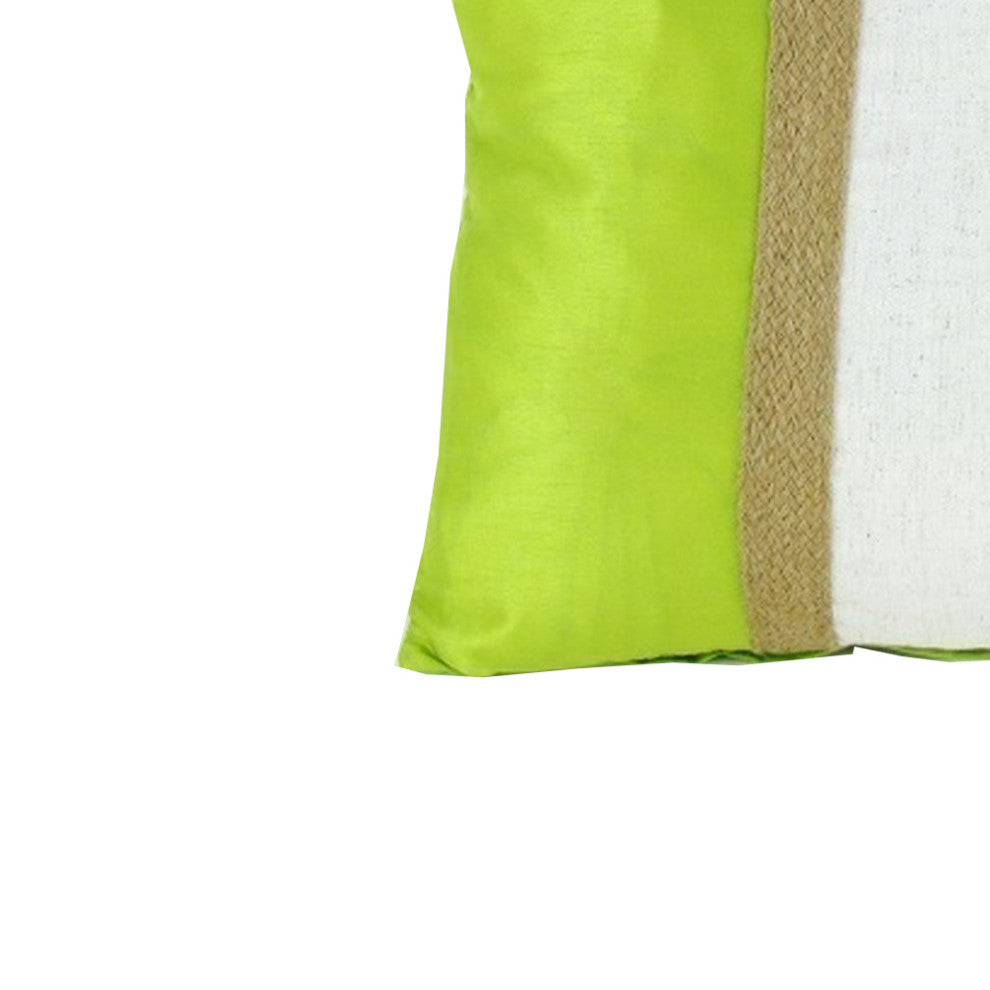 Benzara BM229379 Fabric Accent Pillow With Jute Strip, White and Green