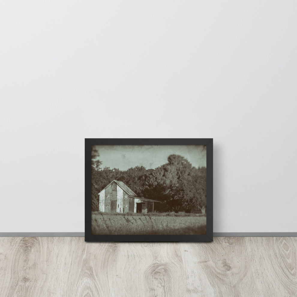 Patriotic Barn in Field Vintage Black and White Framed Photo Wall Art Print, Black, 11" X 14"