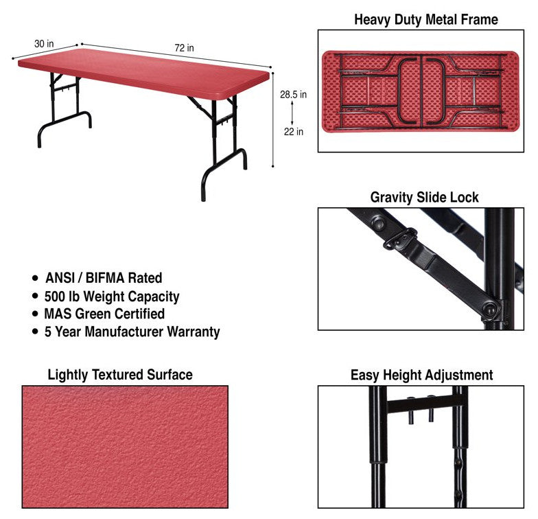 Large Folding Table, Y-Shaped Black Metal Legs & Spacious Rectangular Top, Red