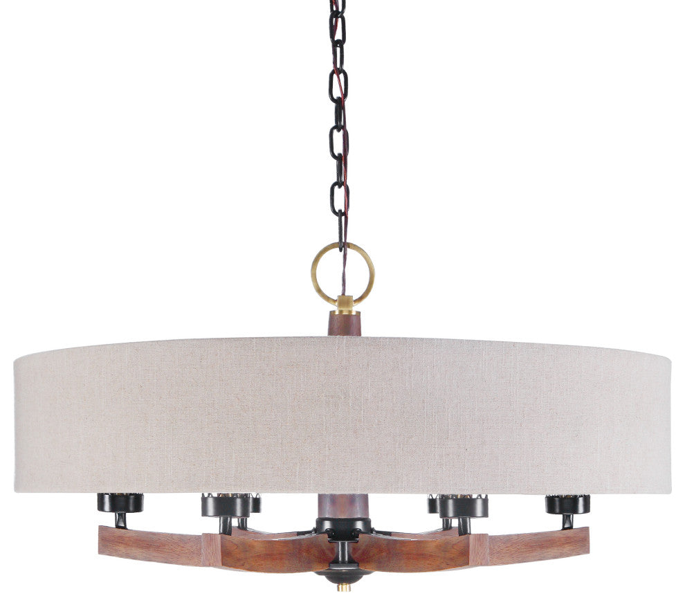 Mid Century Modern Wide Shade Drum Chandelier, 6 Light Wood Arm Bronze Pendant