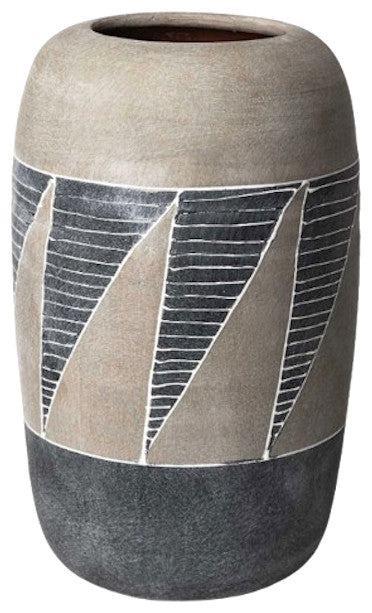 15" Brown And Gray Geometric Tribal Ceramic Table Vase