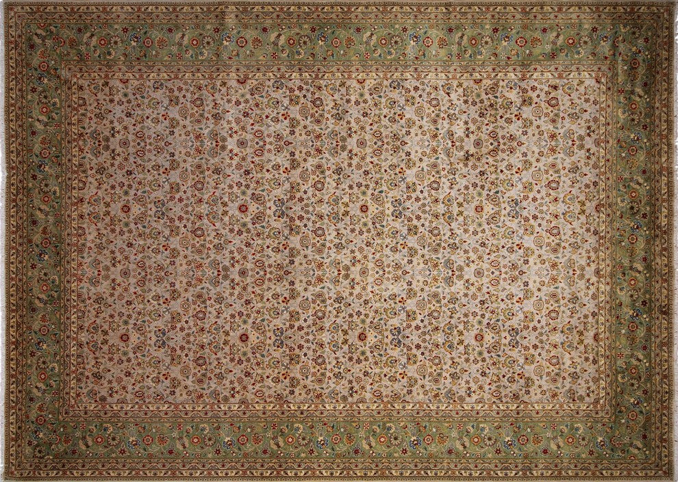 Turkish-Knotted Saeed Light Brown/Light Green Rug, 10'2"x14'2"