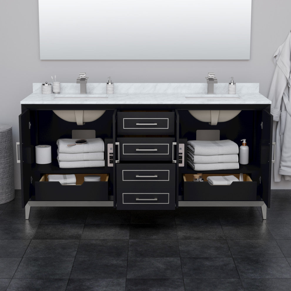 Marlena 72" Black Double Vanity, No Top, No Sink, Nickel Trim