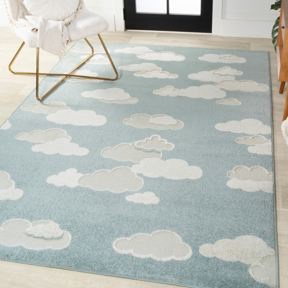 High-low Youth Cloud Scandi Rug Blue/Ivory 5 ft x 8 ft Indoor/Outdoor Area Rug