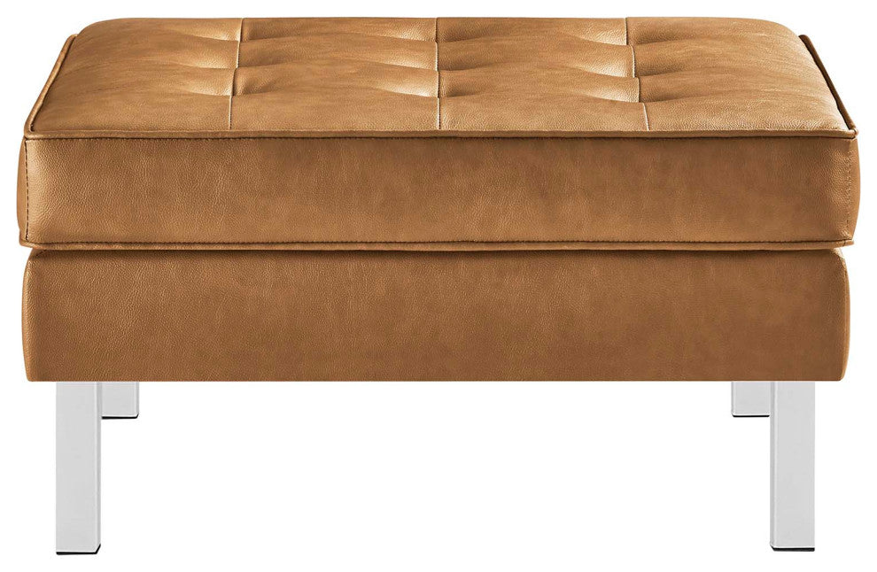 Loft Tufted Vegan Leather Sofa and Ottoman Set, Silver Tan
