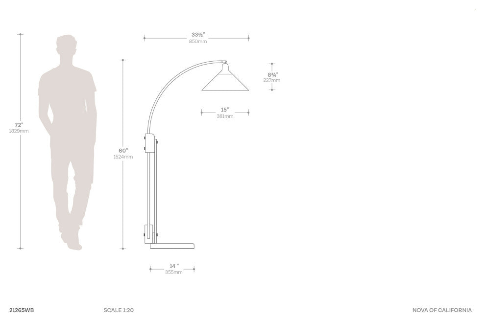 Melmar Chairside Arc Floor Lamp -Weather Brass and Walnut, Dimmer Switch, V-Base