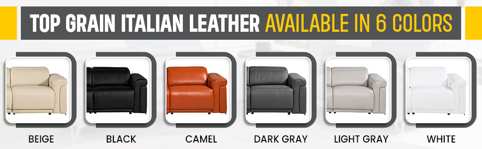 Giovanni 7-Piece 4-Power Reclining Italian Leather Sectional, Light Gray