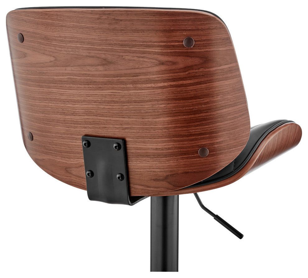 Brock Adjustable Black Faux Leather and Walnut Wood Bar Stool With Black Base