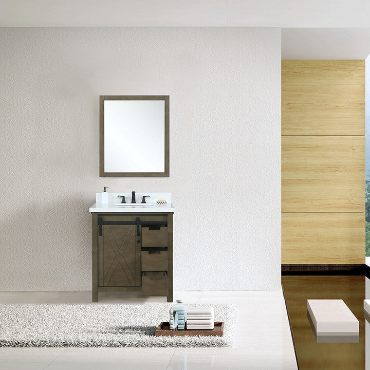 Marsyas 30" Vanity, White Square Sink and 28" Mirror, Rustic Brown