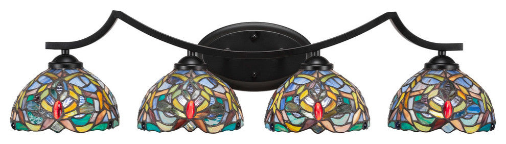 Zilo 4 Light Bath Bar, Matte Black Finish, 7" Kaleidoscope Tiffany Glass