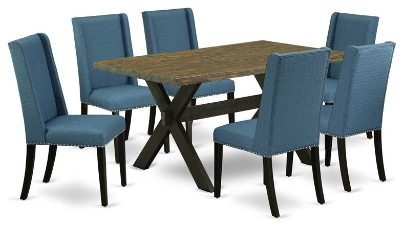 X676Fl121-7, 7-Piece Jacobean Table Top and 6 Linen Fabric Chairs, Black