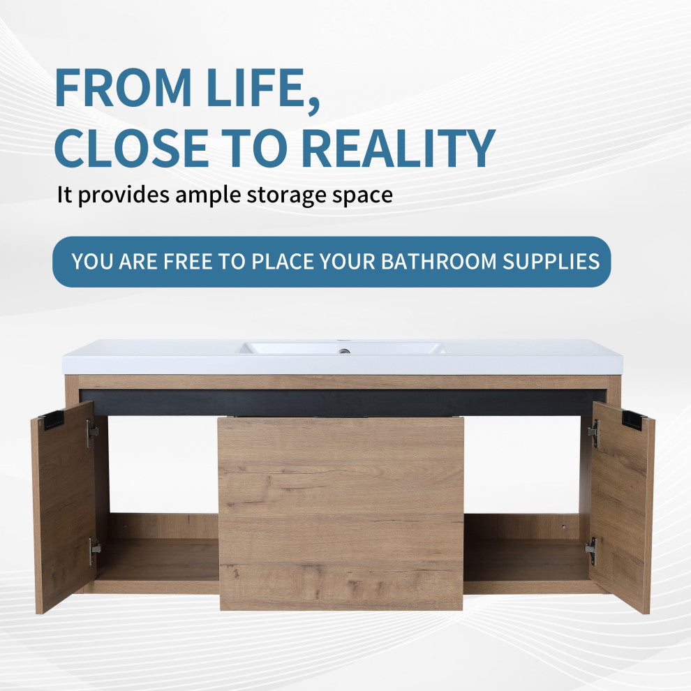 BNK Single Sink Bathroom Vanity, Wall Mounted 48", 48"x18", Imitative Oak