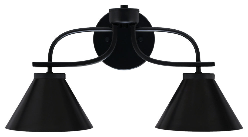 Cavella 2 Light Bath Bar In Matte Black Finish, 7" Matte Black Cone Metal Shades