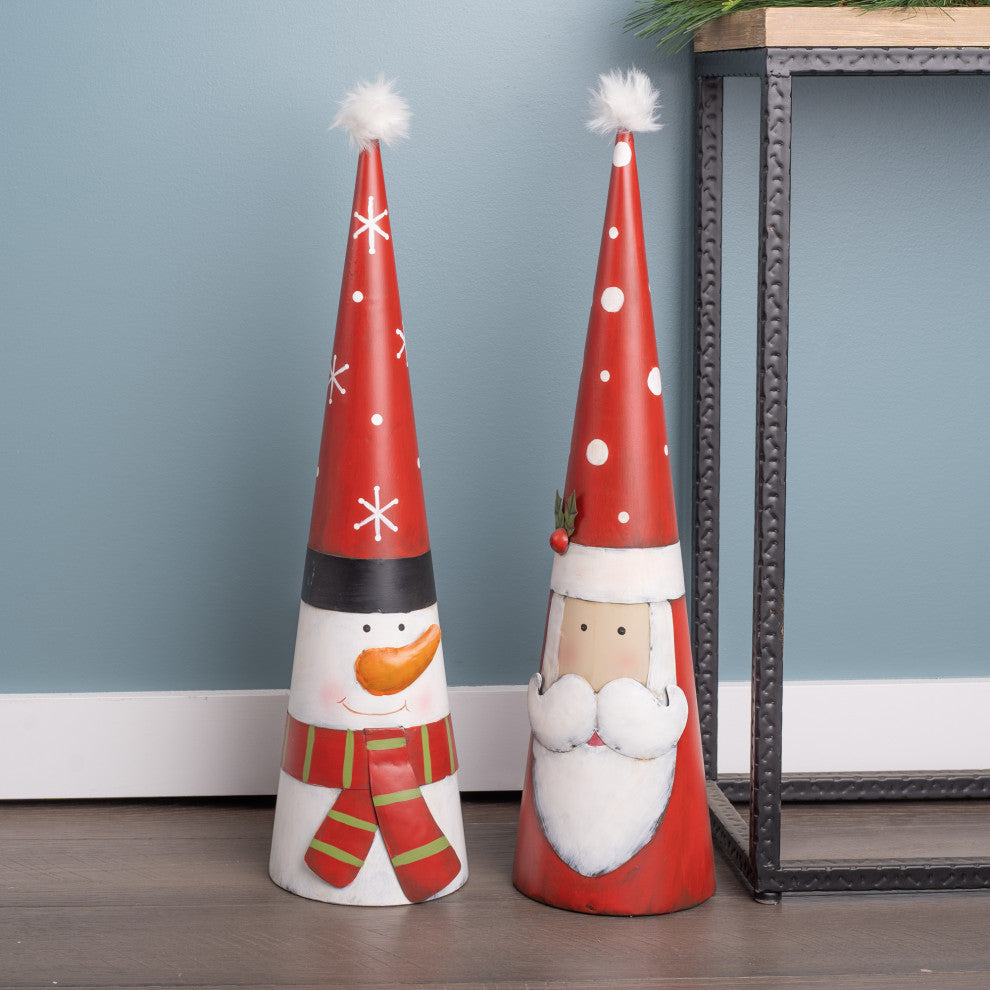 Metal Santa and Snowman Cone, Set of 2