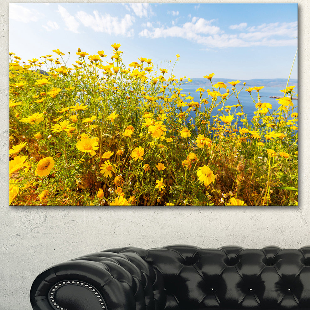 Little Yellow Flowers over Seashore, Large Flower Canvas Art Print, 40"x30"