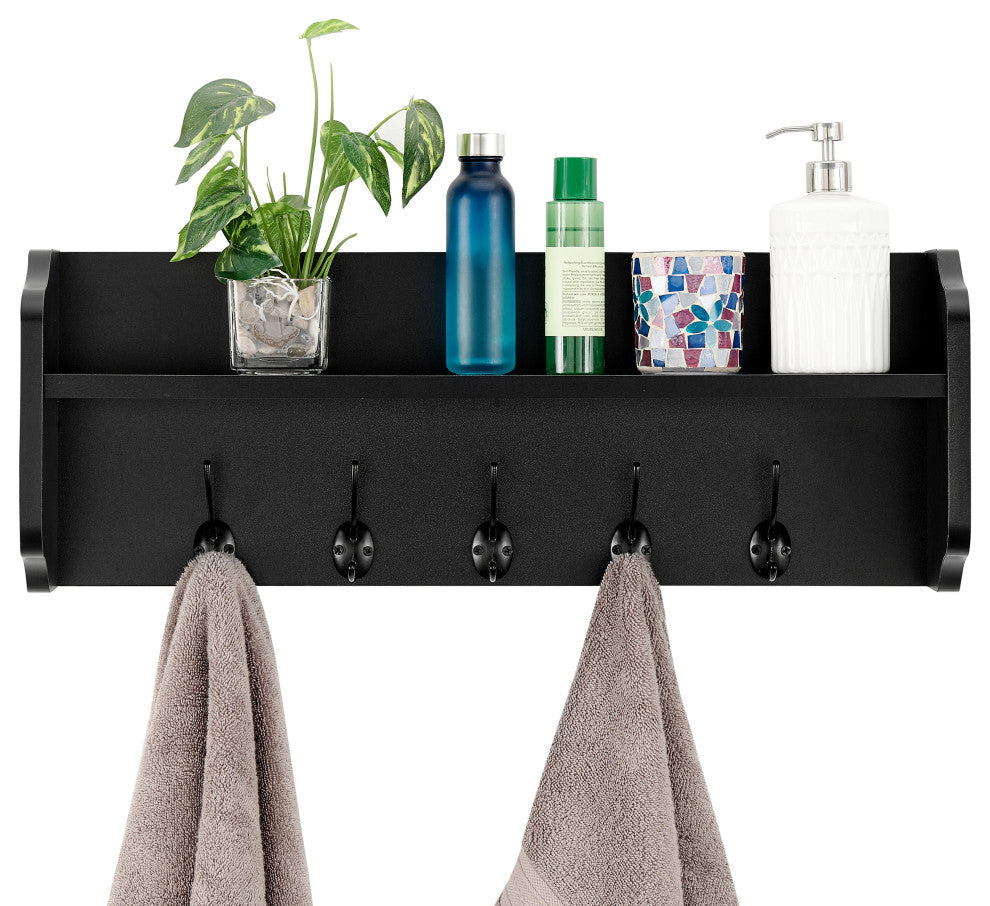 Danya B. Entryway Floating Utility Wall Shelf with Hooks "“ Wall Mounted, Black