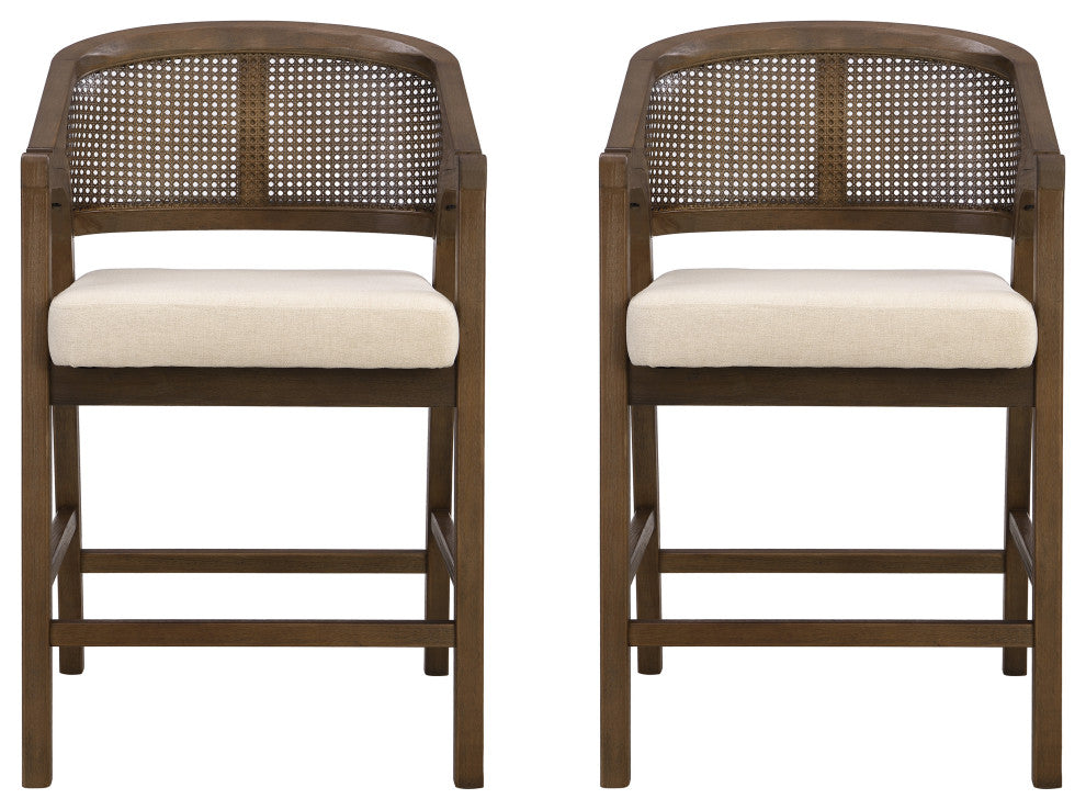 GDF Studio Rattan Back 24.25" Counter Stools, Wooden Frame, Walnut + Beige, Set of 2