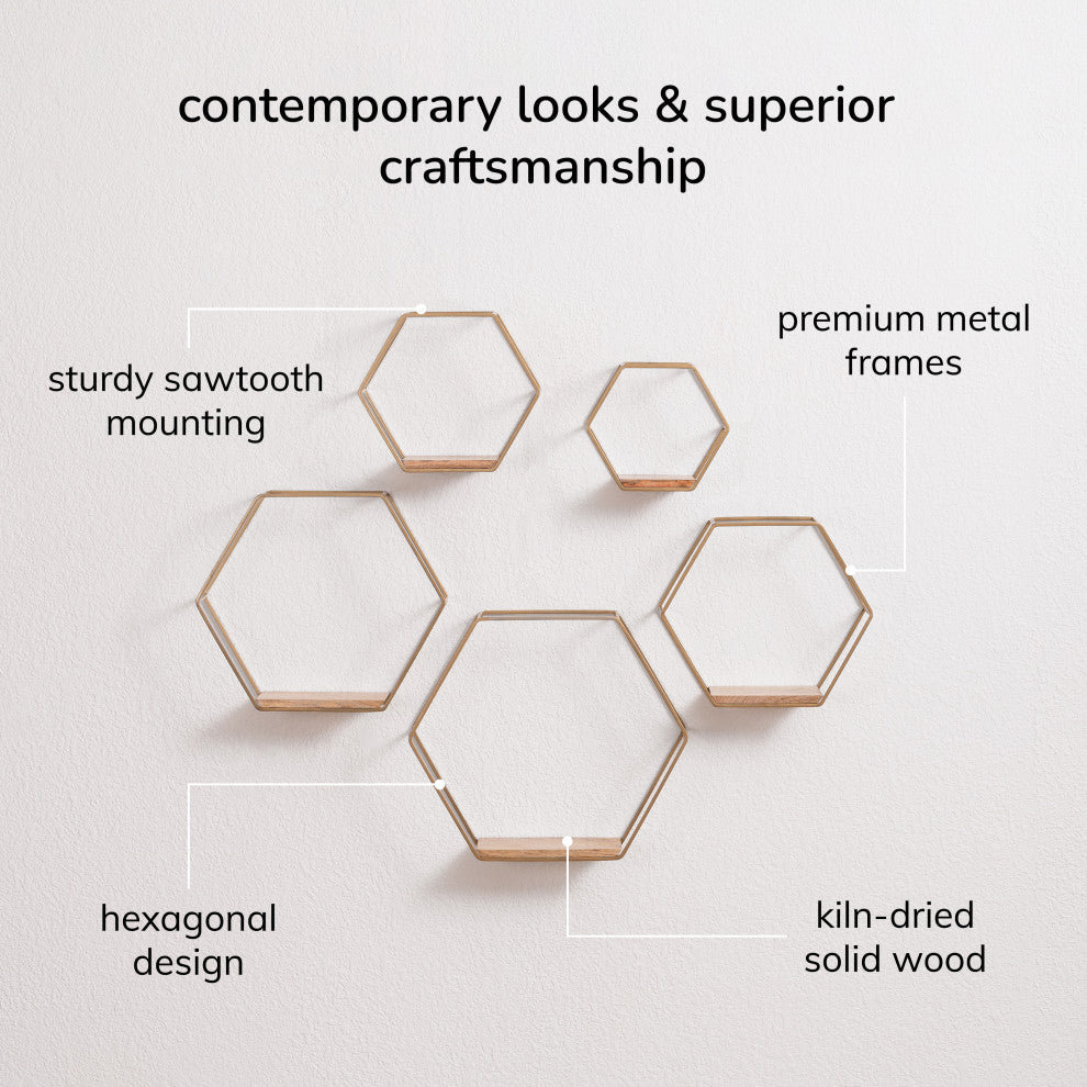 Haverstock Set Of 5 Wall Mounted Shelves, Gold/Natural