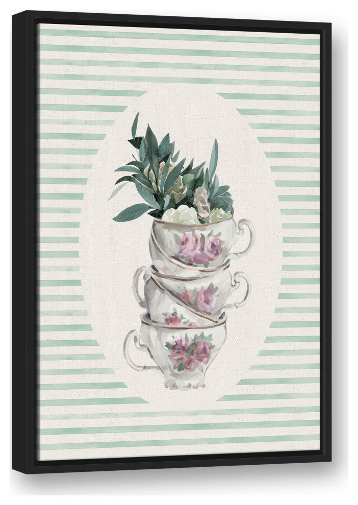 Stack Of Tea Cups Floral Stripes 6 20x30 Black Floating Framed Canvas
