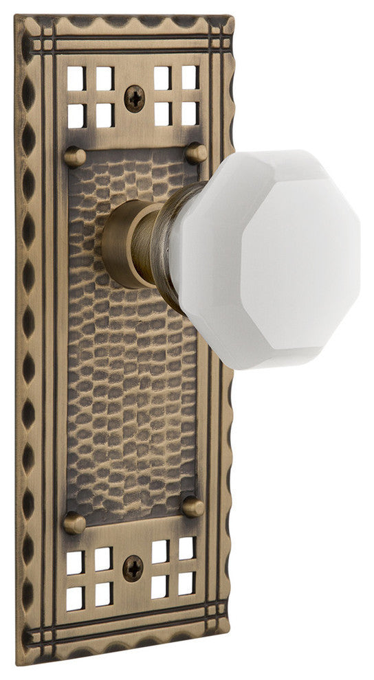 Craftsman Plate Passage Waldorf White Milk Glass Knob, Antique Brass