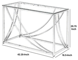 Glass Top Rectangular Sofa Table with Swooping  Curves, Clear and Silver