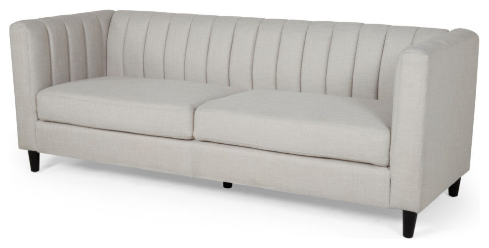 Violet Channel Stitched Fabric 3 Seat Sofa, Beige and Dark Brown
