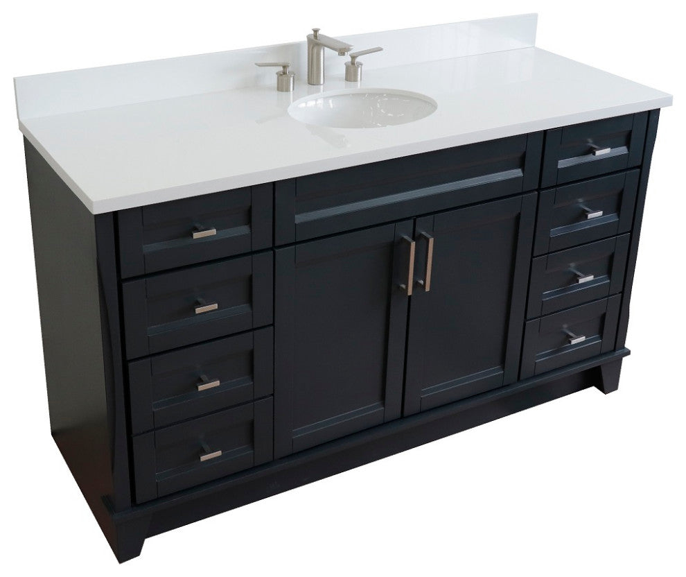61" Single Sink Vanity, Dark Gray Finish And Engineered Stone Top And Oval Sink
