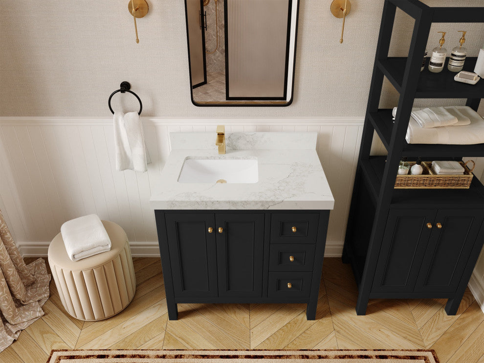 Nashville 36" Left Offset Bath Vanity, Black 2" Calacatta Nuvo