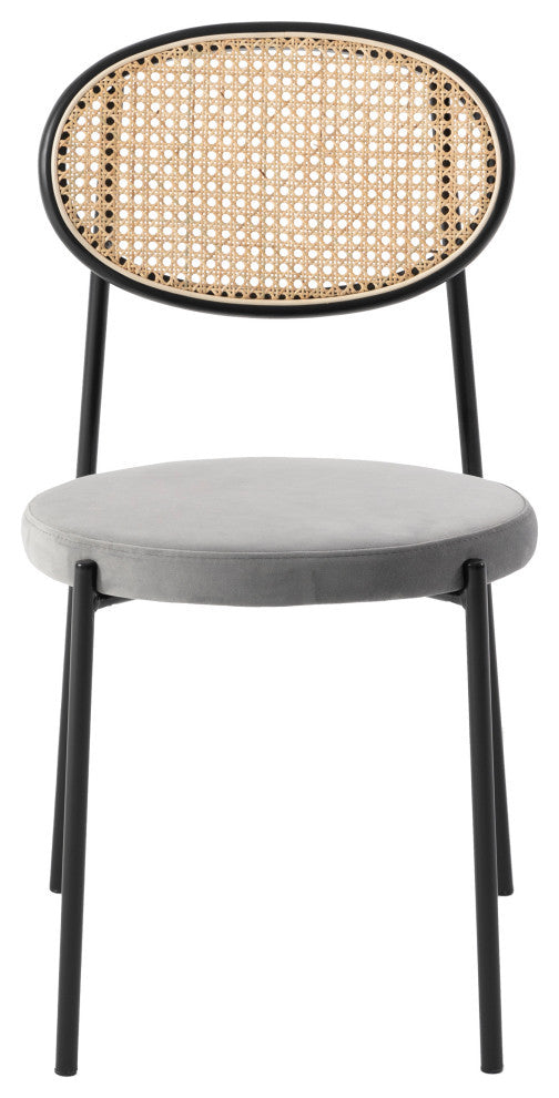 LeisureMod Euston Dining Chair with Wicker Back & Velvet Seat Set of 2, Gray