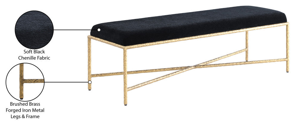 Valley Upholstered Bench, Black, 54" W x 18" D, Gold, Chenille Fabric