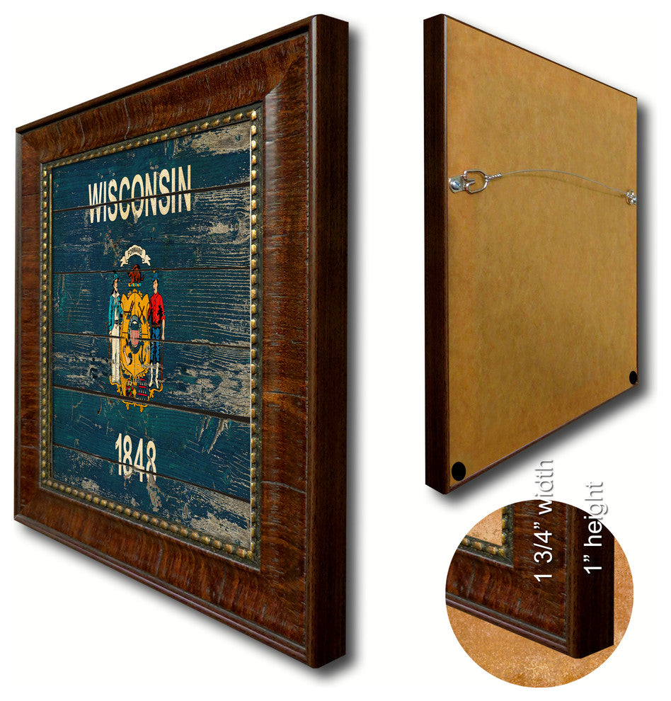 Wisconsin State Vintage Flag Print With Brown Gold Frame, 23" X 33"